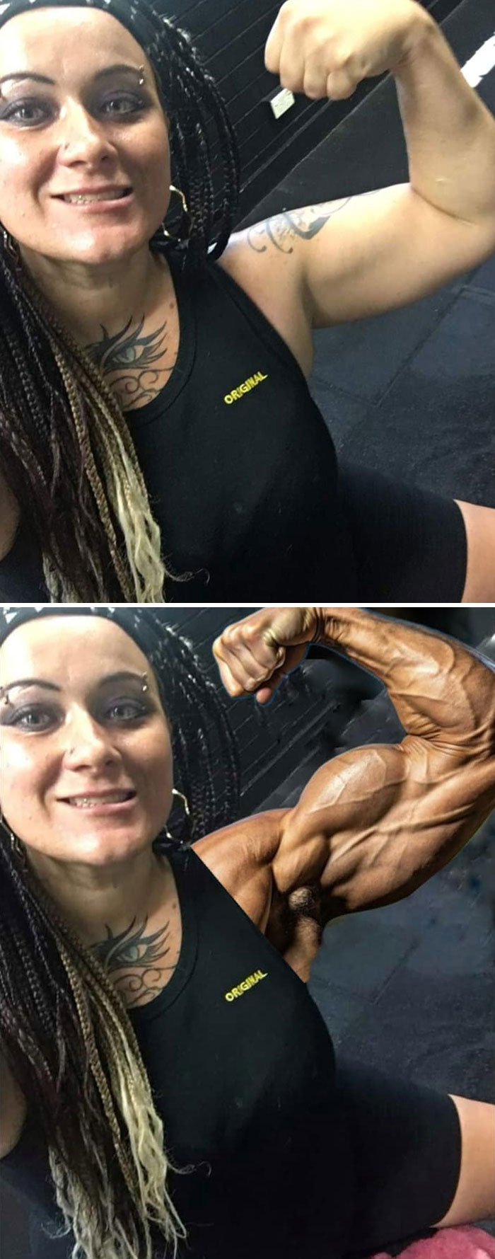 Woman flexing arm showing muscle before and after funny photoshop edit with oversized muscular arm.