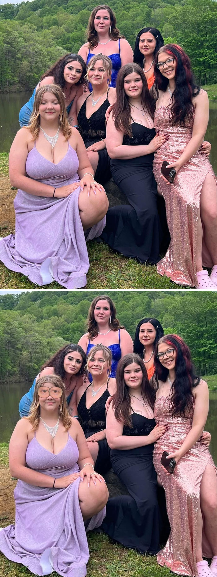 Group photo of young women in formal dresses outdoors with a hilarious Photoshop edit adding oversized glasses.