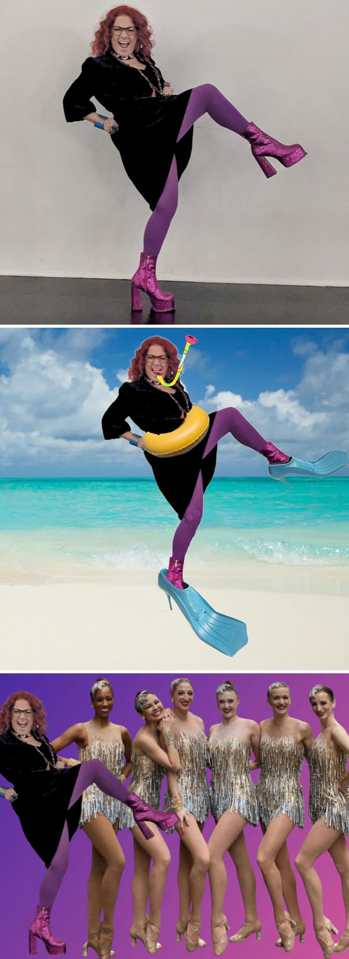 Woman posing in purple leggings and boots, humorously photoshopped with snorkeling gear and dancing with a dance troupe.