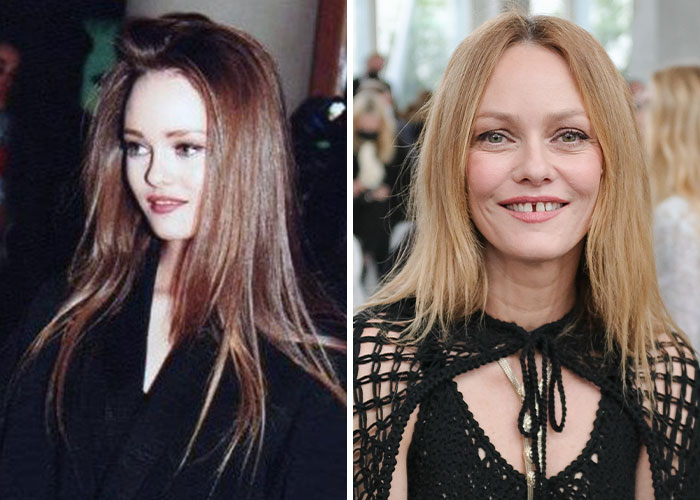 Comparación de celebridad con peculiaridades únicas mostrando confianza y belleza natural en dos épocas diferentes.