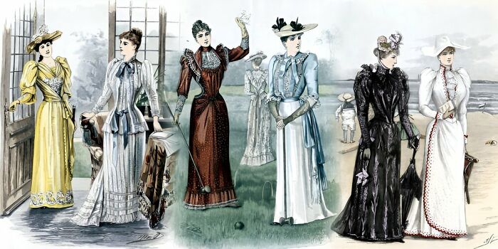 Victorian era women dressed in period fashion playing croquet and walking on a beach, illustrating Victorian slang words.