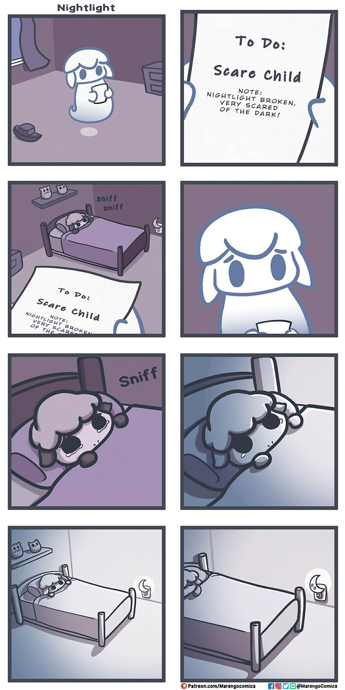 Wholesome comic panels showing a scared child with a broken nightlight, capturing feelings of struggle and comfort.