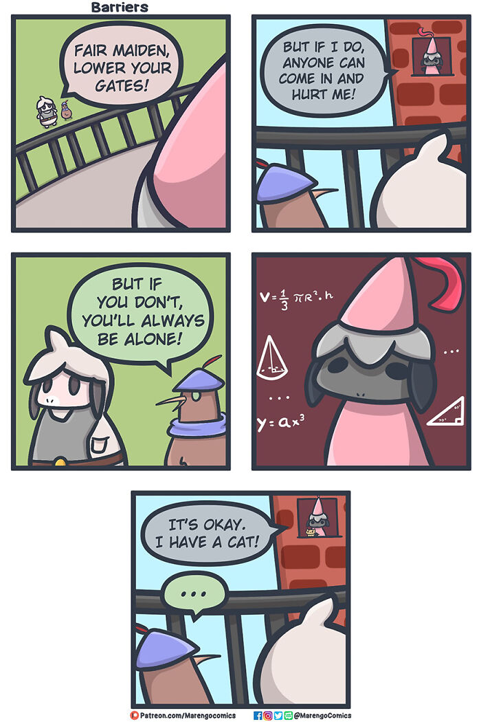 Wholesome comic panels showing characters discussing emotional barriers and coping while feeling alone.