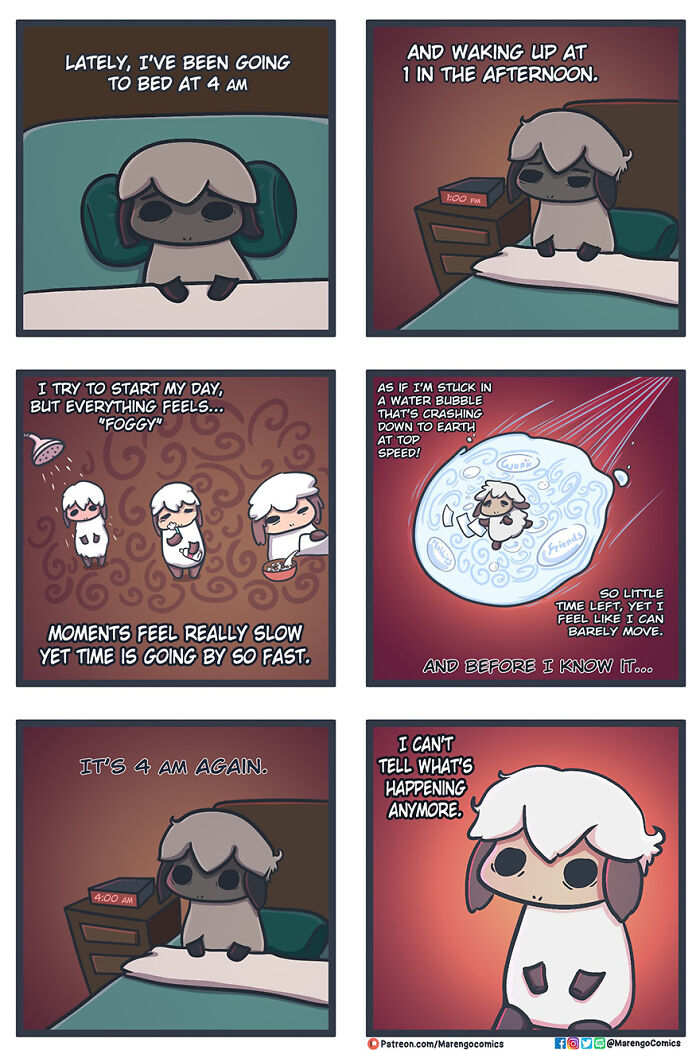 Wholesome comic panels showing a character struggling with foggy days, slow moments, and feeling stuck in time.