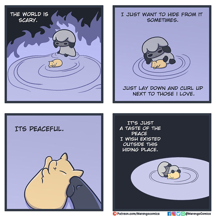 Wholesome comics showing a character finding comfort and peace by hiding and cuddling with a cat.
