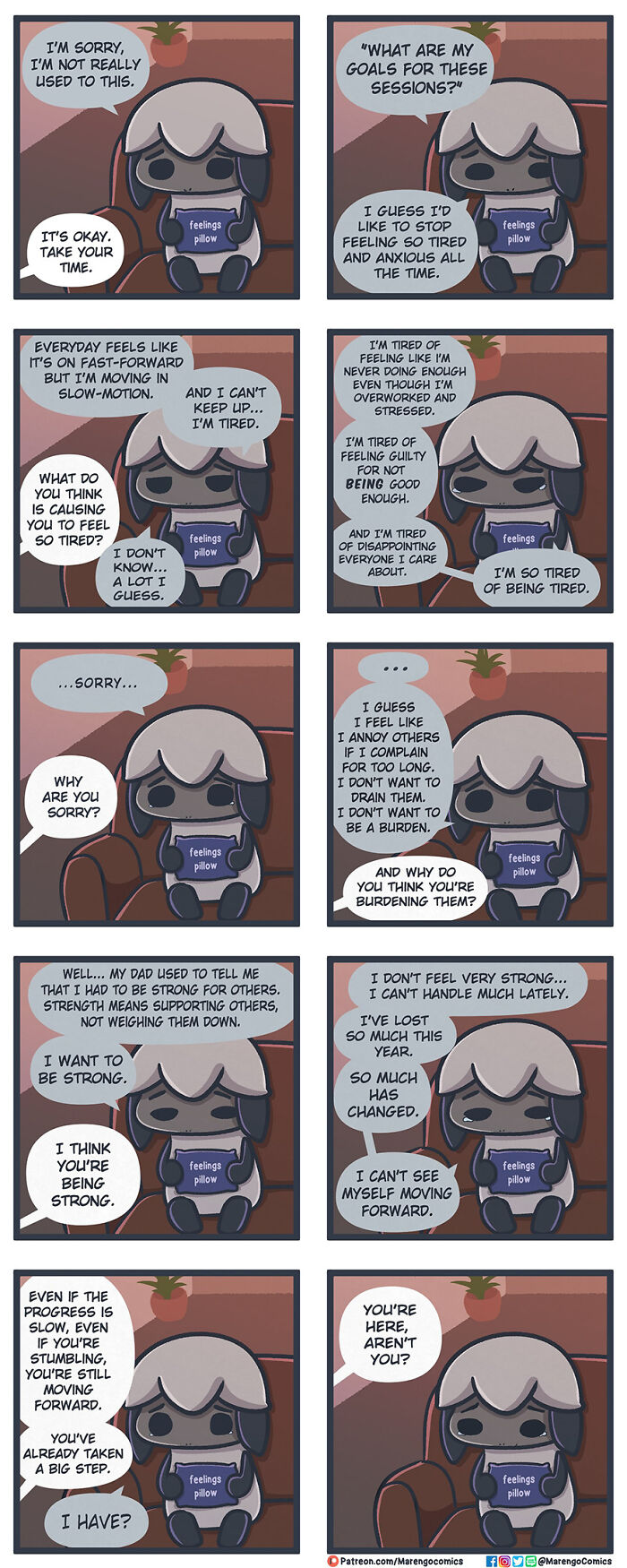 Wholesome comics by Marengo Comics featuring a character expressing feelings of tiredness and emotional struggle.