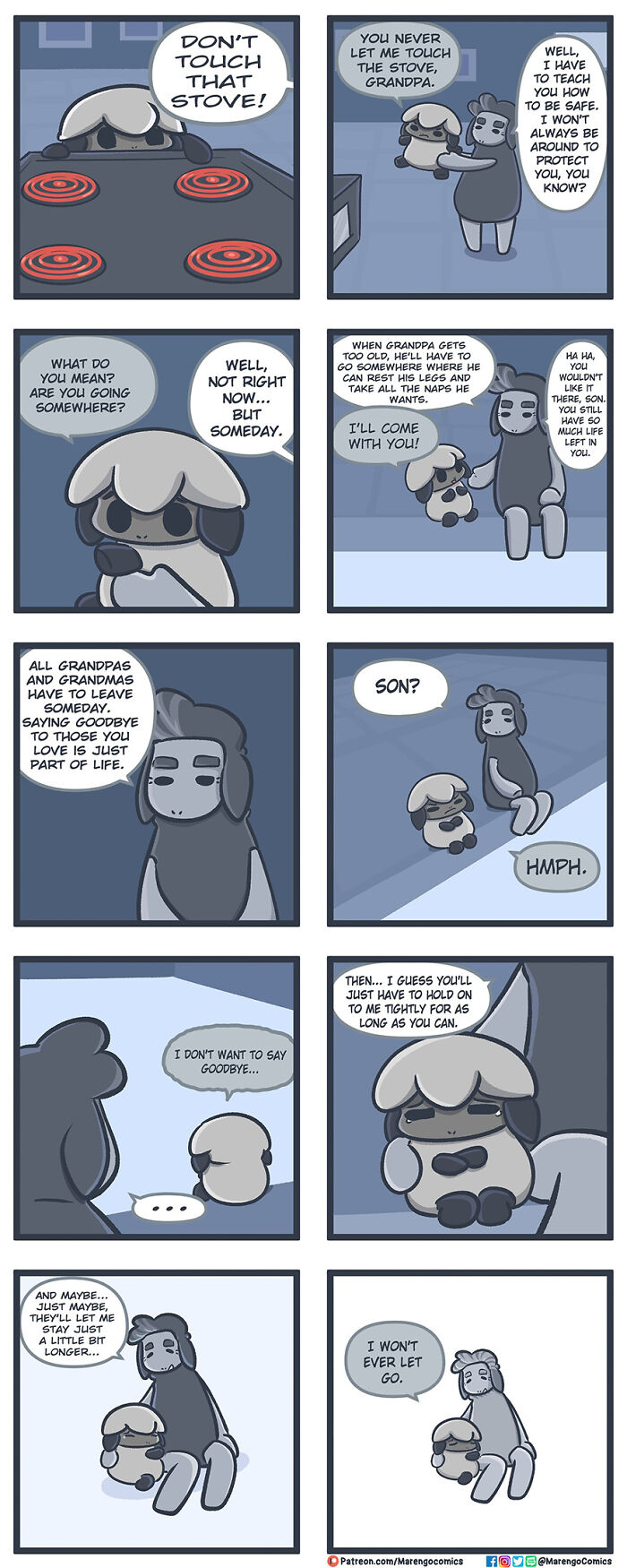 Wholesome Marengo Comics strip showing a grandparent teaching safety and sharing a touching goodbye with grandchild.