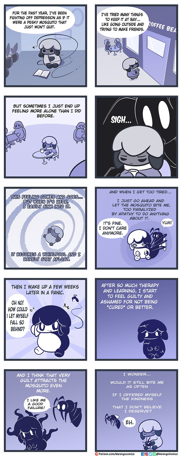 Wholesome comic panels depicting a character struggling with depression and emotional challenges portrayed by a mosquito.
