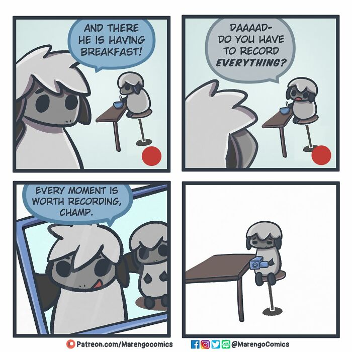 Wholesome comic panels showing a character recording everyday moments, highlighting feeling seen in Marengo Comics.