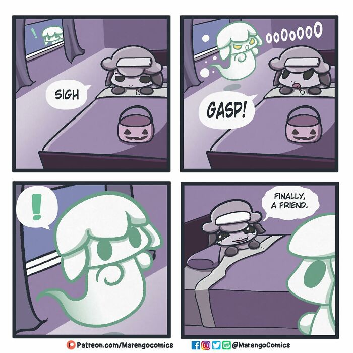 Wholesome comic panels showing a character feeling seen and finding comfort with a friendly ghost at night.