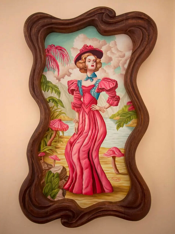 Surreal painting of a woman in a pink dress with exaggerated features, framed in a wavy wooden frame, vivid dreamlike style.