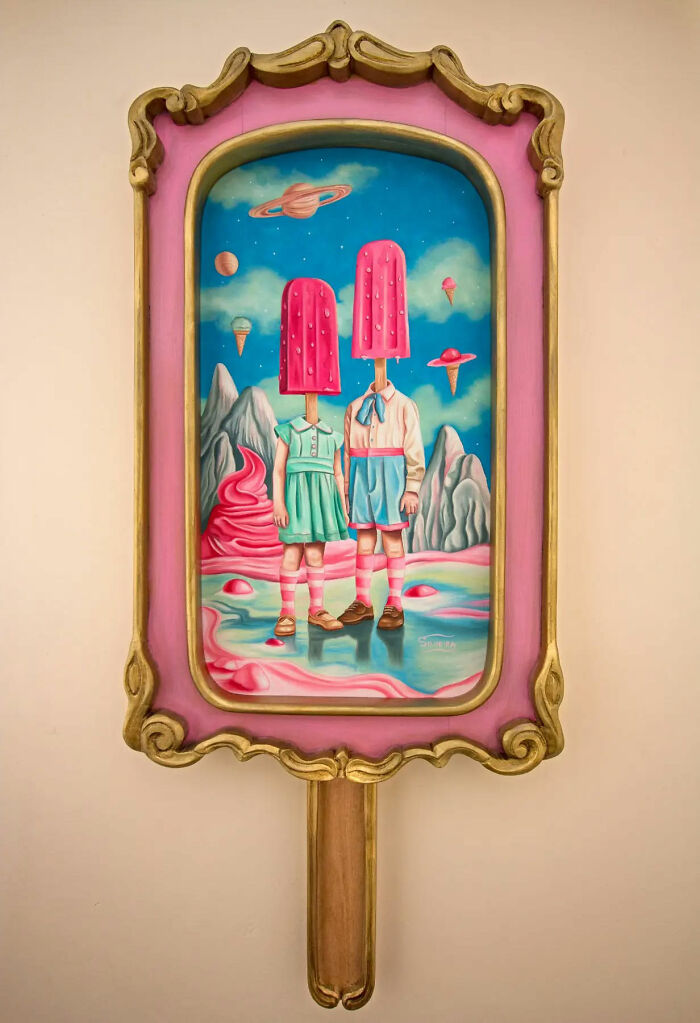 Surreal painting of two children with popsicle heads in a dreamlike landscape with planets and ice cream cones floating.