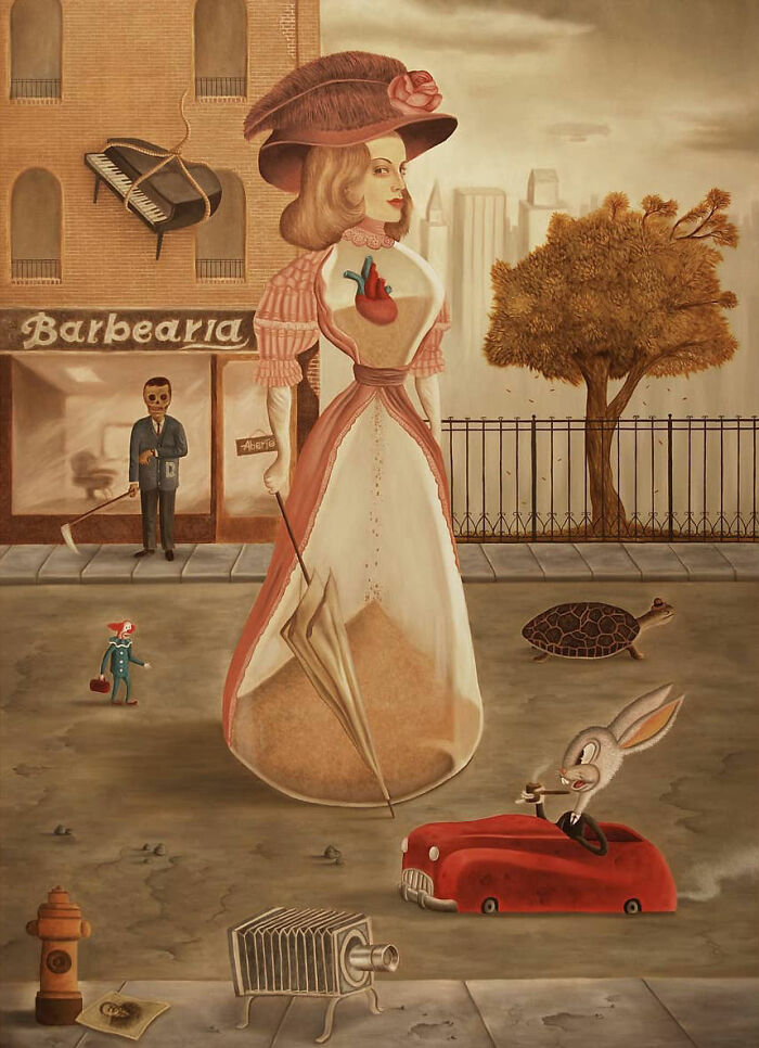 Surreal painting of a woman with a heart inside her and whimsical dreamlike creatures in a vivid dreamscape.