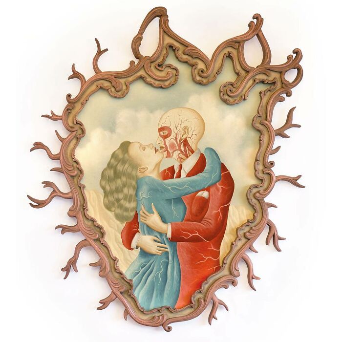 Surreal painting of a couple embracing inside an ornate, dreamlike frame with twisting branches extending outward.