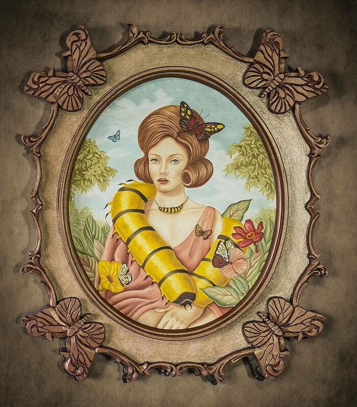 Surreal painting of a woman surrounded by butterflies and a large yellow caterpillar in an ornate butterfly frame.
