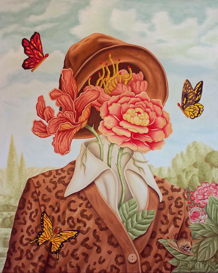 Surreal painting of a flower-faced figure in a leopard print coat with butterflies, evoking vivid dreamlike imagery.