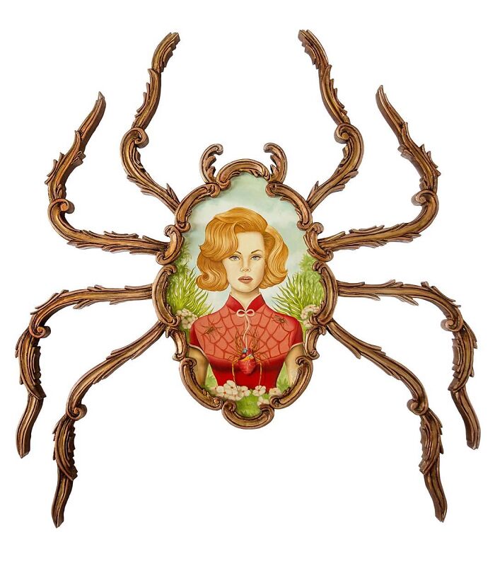 Surreal painting of a woman inside an ornate spider frame, blending vivid dreamlike elements with detailed art style.