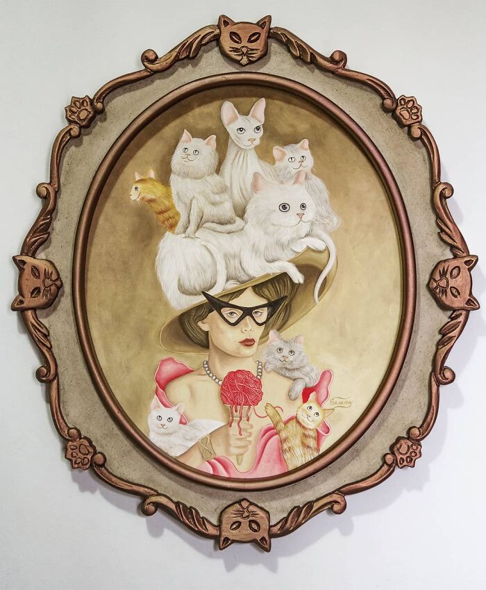 Surreal painting of a woman with multiple cats, blending vivid dreamlike elements with artistic imagination and detail.