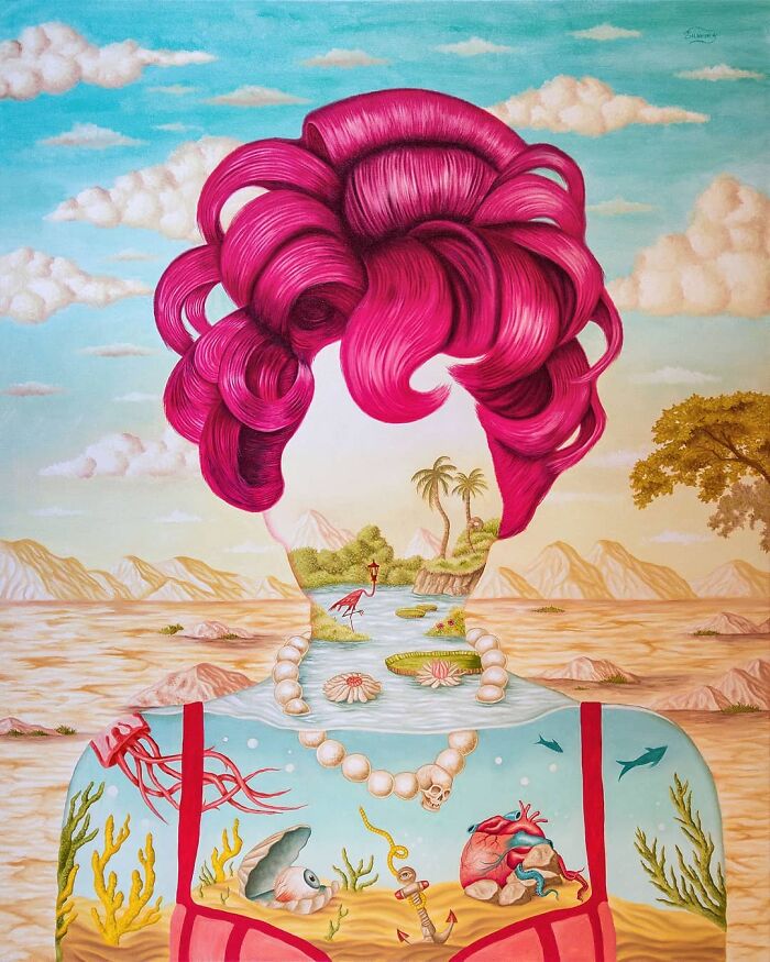 Surreal painting of a woman with vivid dreamlike elements including ocean life, landscape, and bright pink hair.