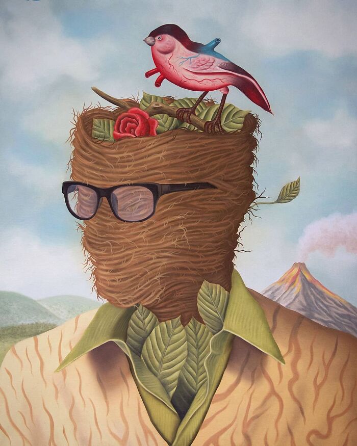 Surreal painting of a person with a bird nest head, wearing glasses, leaves for a shirt, with a volcano in the background.