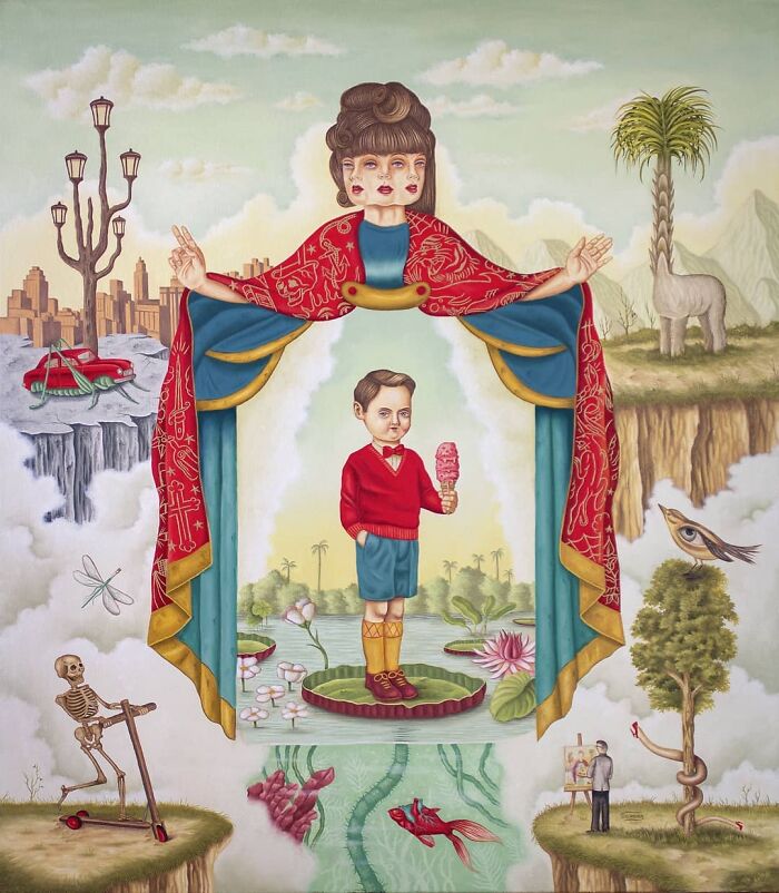 Surreal painting featuring a three-faced figure and a boy holding ice cream in a vivid dreamlike landscape.
