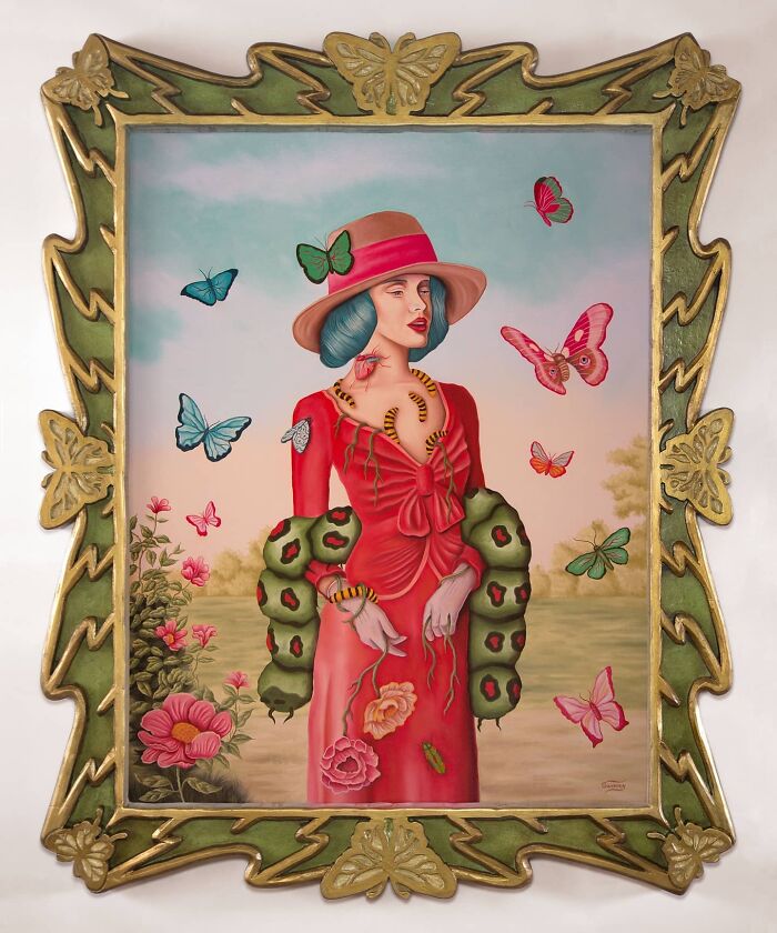 Surreal painting of a woman in a red dress surrounded by butterflies and a large snake, capturing vivid dreamlike imagery.