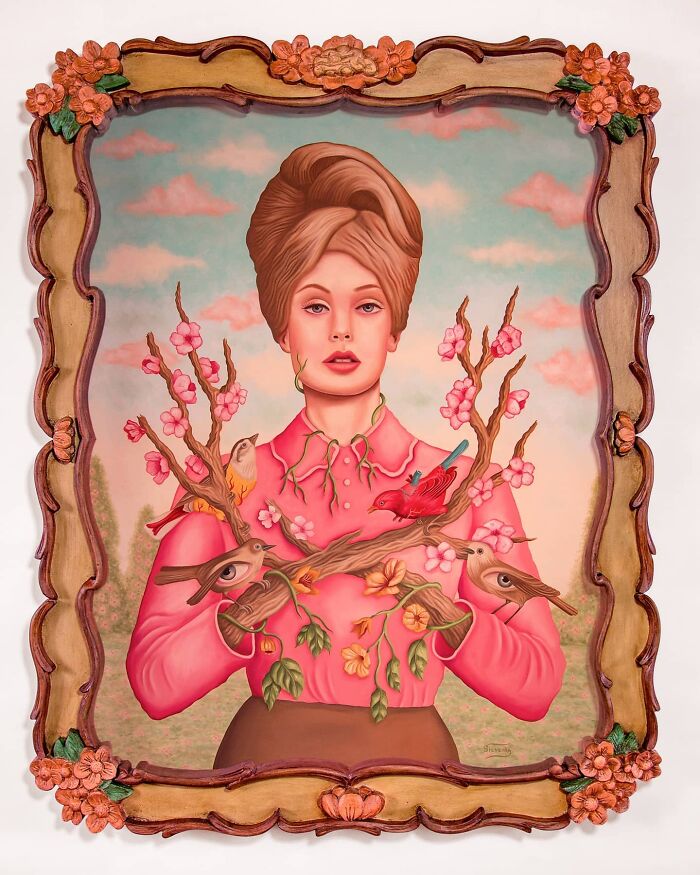 Surreal painting of a woman with branches and birds, blending vivid dreamlike elements in a detailed floral frame.