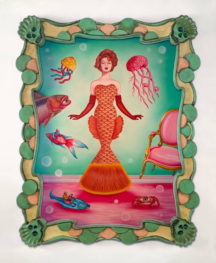 Surreal painting of a mermaid woman surrounded by sea creatures and objects in a vivid dreamlike underwater scene.