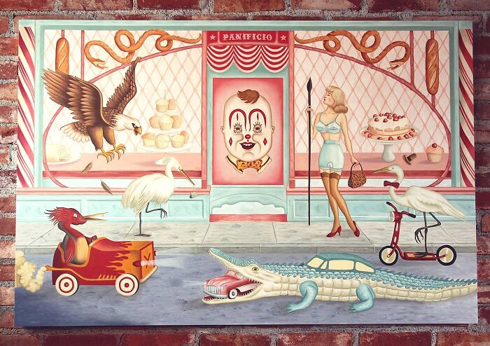 Surreal painting featuring dreamlike animals, a woman in vintage attire, and whimsical, vivid dream-inspired scenes.