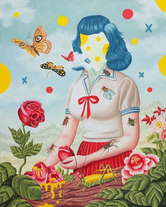 Surreal painting of a faceless woman with blue hair surrounded by vivid dream-like insects, flowers, and floating colorful shapes.