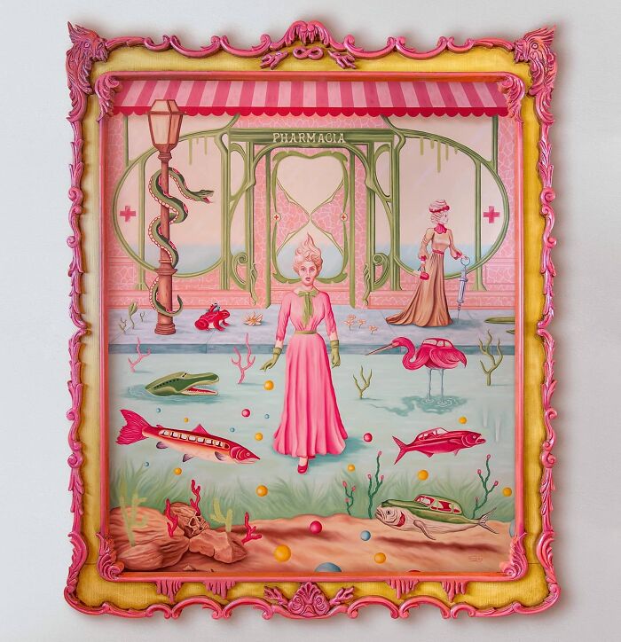 Surreal paintings with vivid dreamlike scenes featuring unusual creatures and figures in a whimsical, colorful setting.