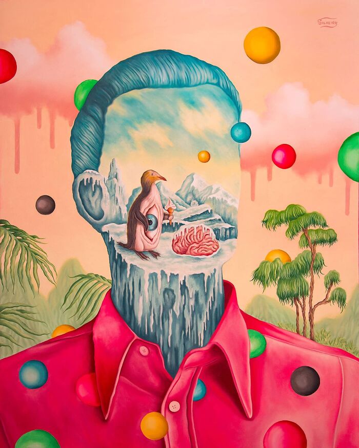 Surreal painting of a man with an open head showing a dreamlike landscape with a bird, brain, and colorful floating spheres.