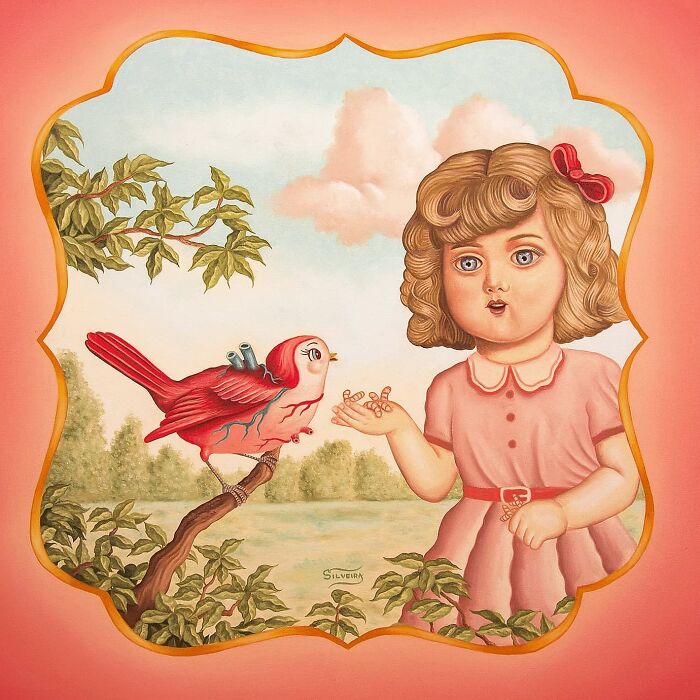 Surreal painting of a girl in pink dress interacting with a vivid dreamlike bird perched on a branch in nature.