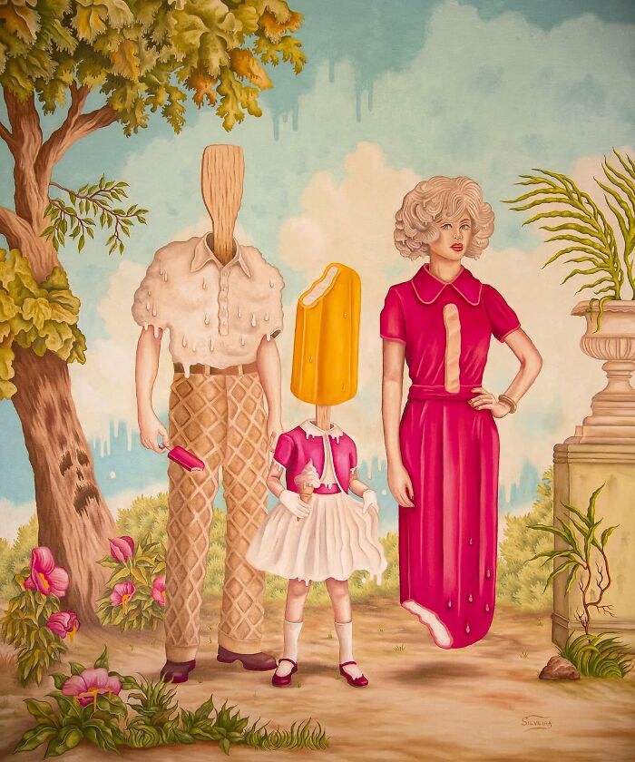 Surreal painting of a family with melting ice cream heads in a vivid dreamlike outdoor setting.