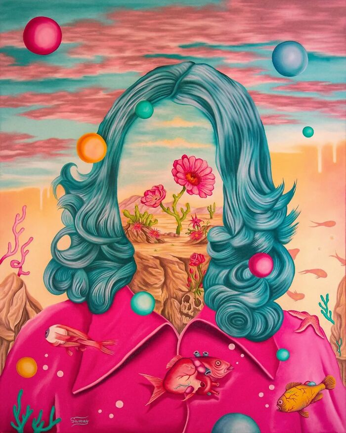 Surreal painting of a faceless figure with blue hair, colorful fish, and floating orbs in a vivid dreamlike landscape.