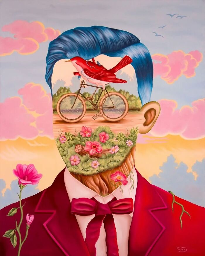 Surreal painting of a man with blue hair, a red bird on a bicycle inside his face, set against a dreamy sky with pink clouds.