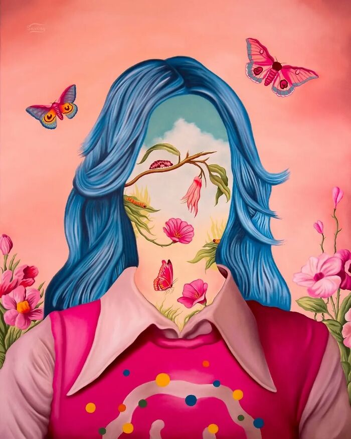 Surreal painting of a faceless figure with blue hair, flowers, and butterflies blending into a vivid dream-like scene.