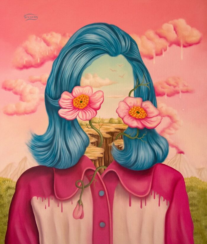 Surreal painting of a faceless figure with blue hair and flowers, blending vivid dreams with imaginative landscapes.