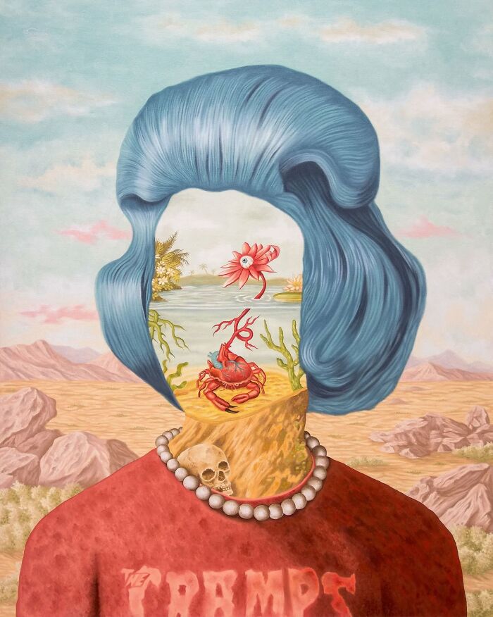 Surreal painting of a blue-haired figure with vivid dreamlike elements inside the face, blending fantasy and nature.