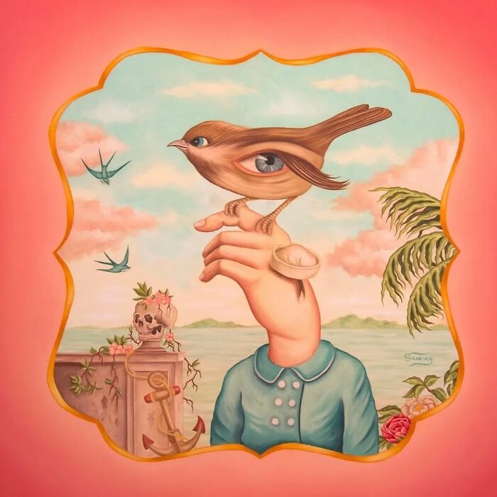Surreal painting of a bird with an eye perched on a hand-head figure, blending vivid dreams and surreal art elements.