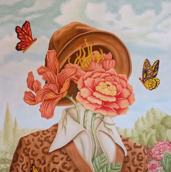 Surreal painting of a faceless figure with vibrant flowers and butterflies, capturing vivid dreamlike art.