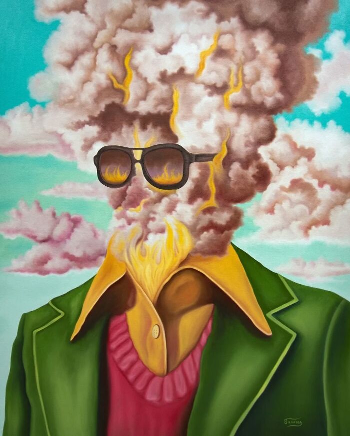 Surreal painting of a figure with a cloud and flame head wearing sunglasses and vibrant retro clothing in vivid dream style.
