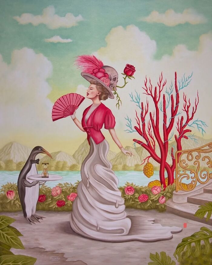 Surreal painting of a woman with a melting dress, a skull hat holding a fan, and a penguin waiter in a vivid dreamlike landscape.