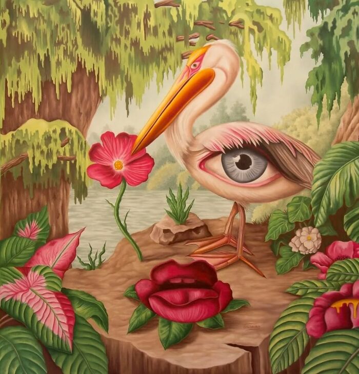 Surreal painting of a bird with a large eye on its body surrounded by vivid dreamlike flowers and lush greenery.