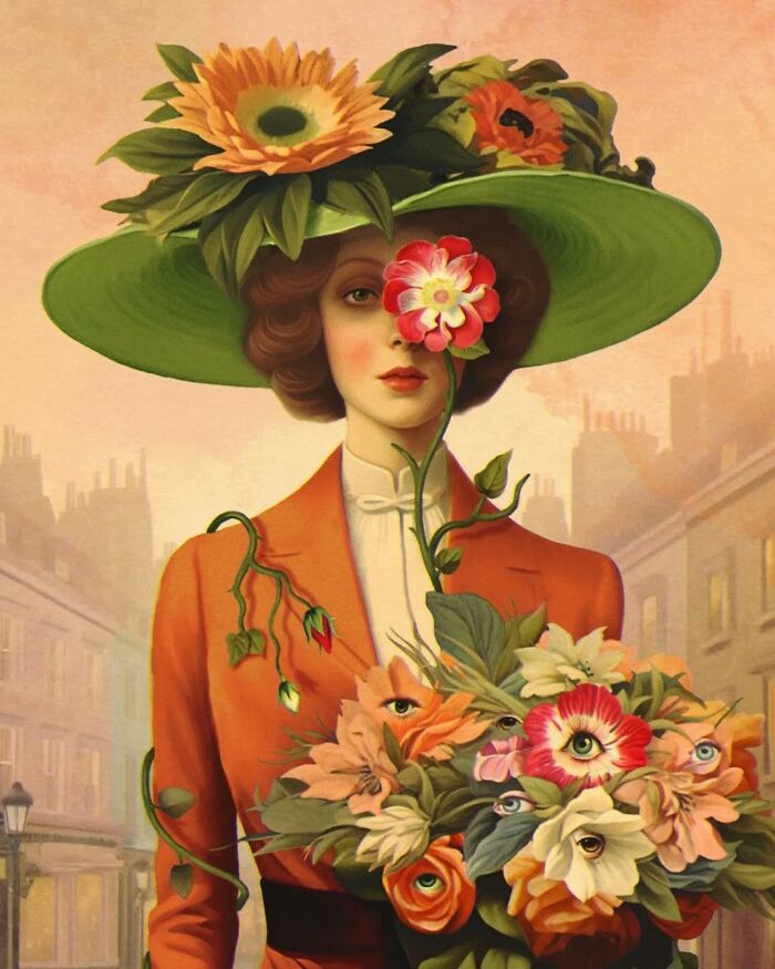 Surreal painting of a woman in a green hat with flowers featuring eyes, blending vivid dreamlike and imaginative elements.