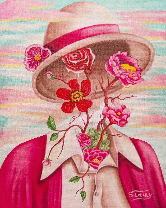 Surreal painting of a faceless figure with blooming flowers growing from its neck, blending vivid dreamlike colors and textures.