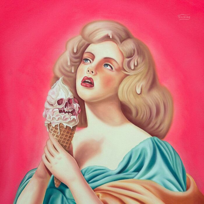Surreal painting of a woman holding an ice cream cone with a skull-shaped scoop against a vivid pink background.