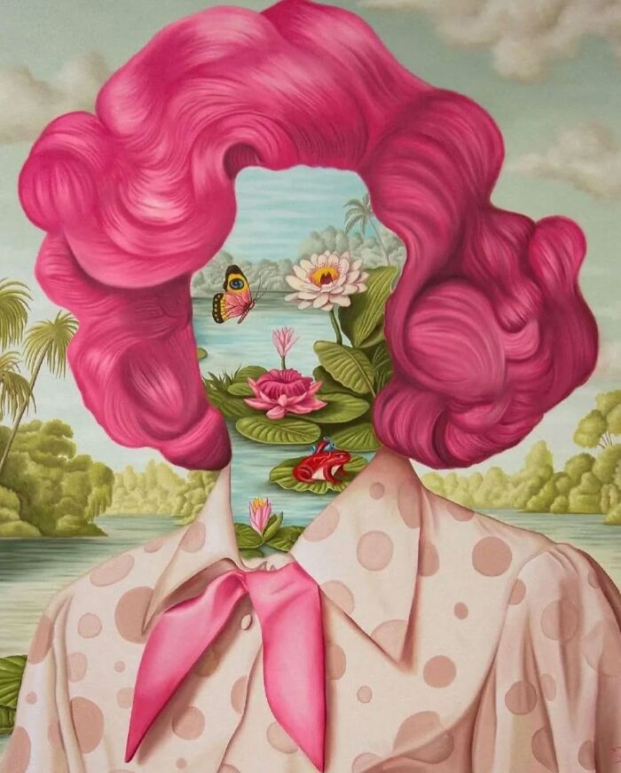 Surreal painting of a figure with pink hair and a floral landscape face, blending vivid dreamlike elements and nature.