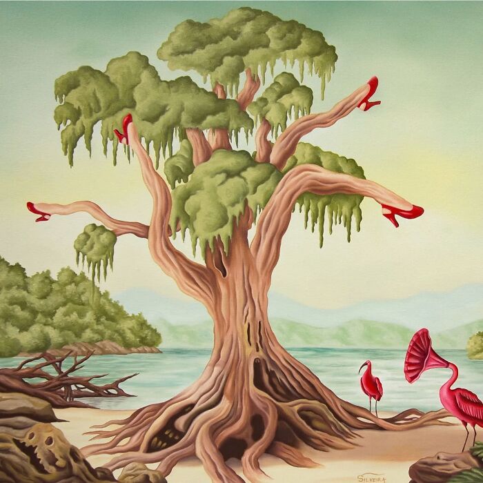 Surreal painting of a tree with human legs in red shoes, set by water with pink flamingos, evoking vivid dreamlike scenes.