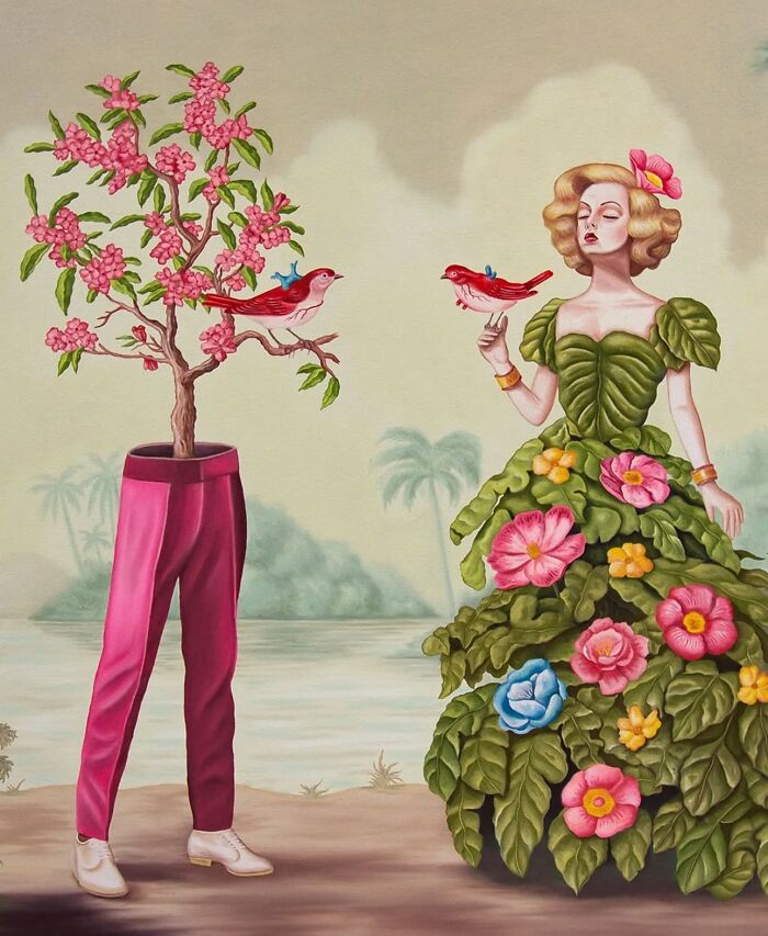 Surreal painting of a leafy woman and a pair of pink pants with a blooming tree, featuring vivid dreamlike elements.